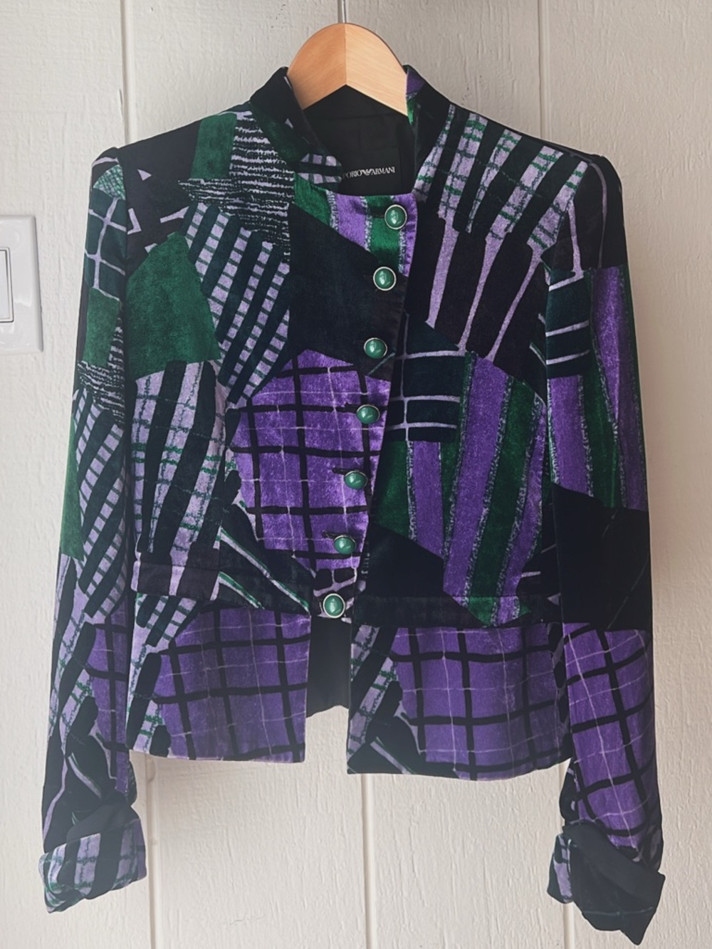 EMPORIO ARMANI Women's Vintage Geometric Velvet Jacket in Purple & Green